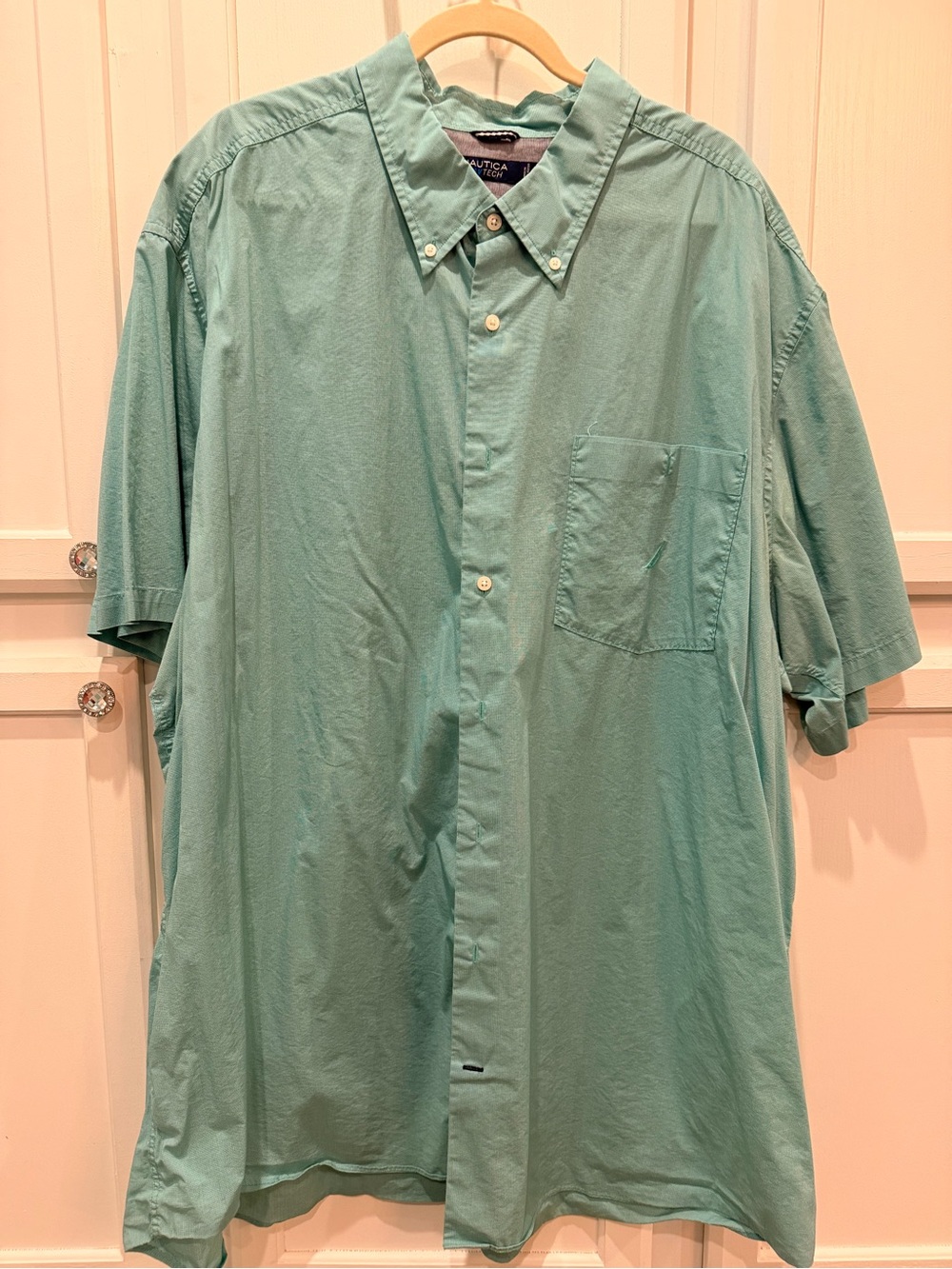 Size 4XLT Nautical Short-Sleeve Button-Down Shirt in Mint Green